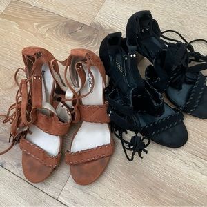 Bebe strappy lace up fringe heels